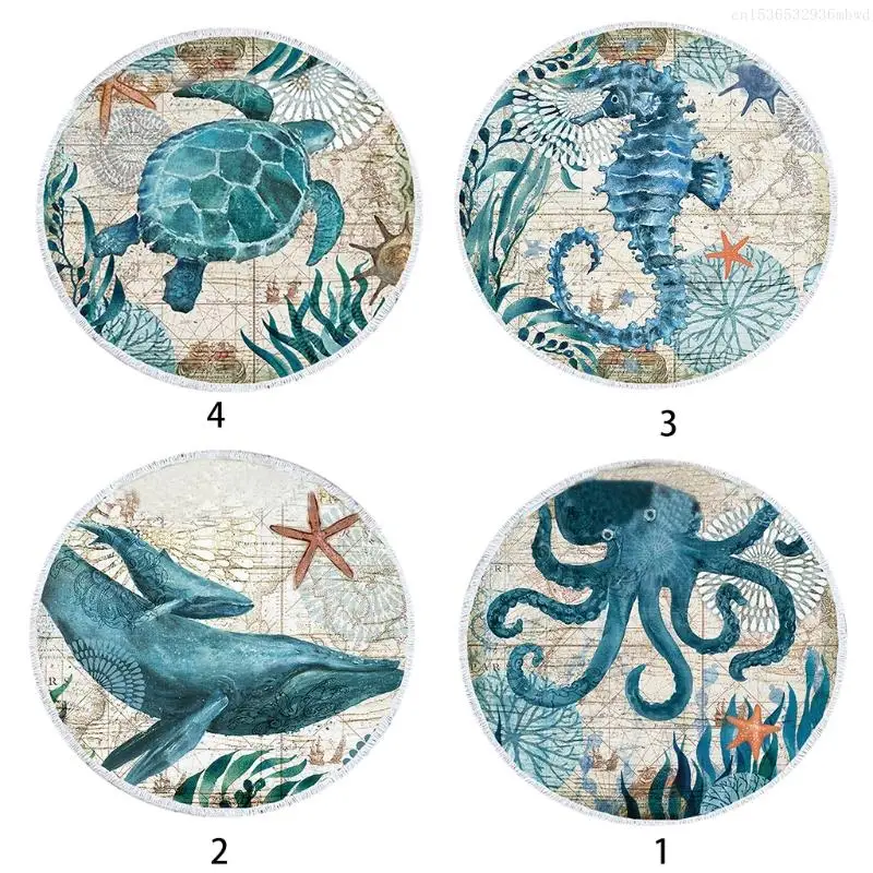 

59 Inches Round Beach Towel Ocean Sea Octopus Microfiber Blanket Large Roundie F0T4