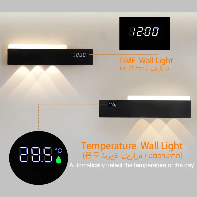 

Modern Indoor Wall Light Smart temperature Wall Lamp Bedroom Digital Time Display Wall sconces for Living Room Home Decor Lights