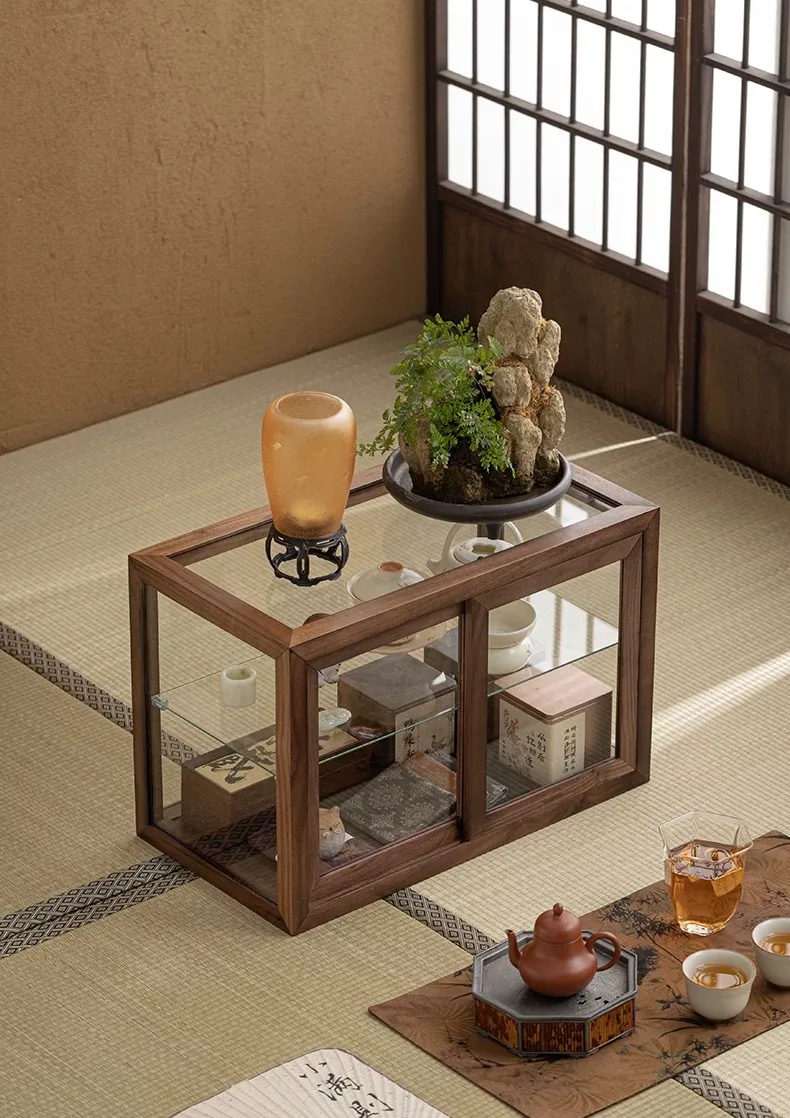Walnut solid wood glass storage, desktop display case, dust-proof storage, figure, teacup set, utensils