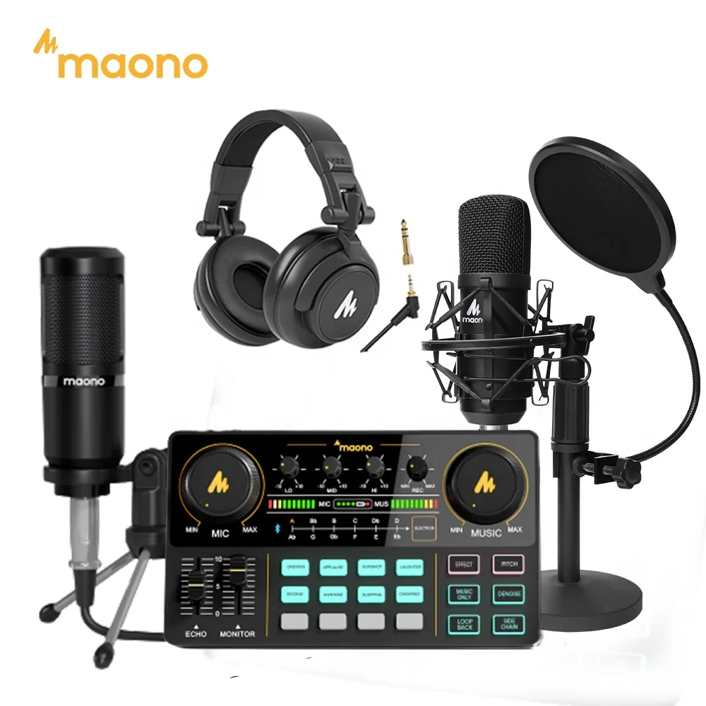 MAONOCASTER Professional Sound Card with 25mm Condenser Studio Microphones Podcast Audio Interface Live Streaming Bundle Mixers