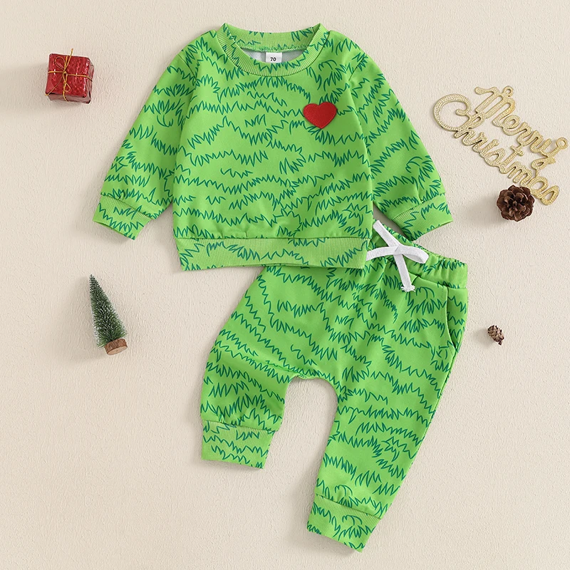 Baby Boy Christmas Outfits Heart Animal Green Long Sleeve Sweatshirt Pants Set Toddler Infant Christmas Clothes