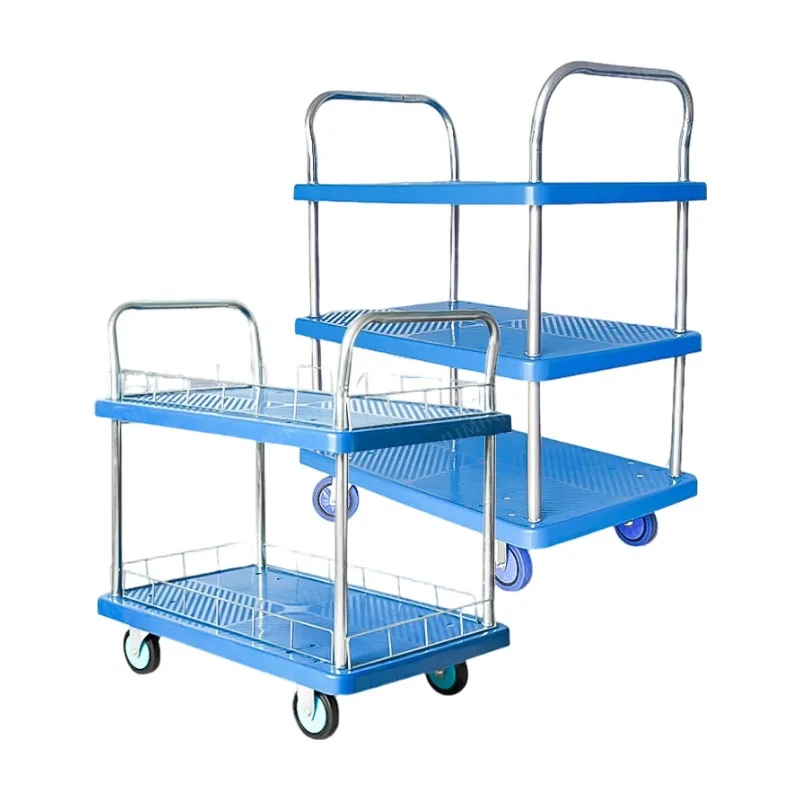 

4 Wheel Hand Trolley Uni-Silent 300kgs Double Handle Service Cart 2 Shelf Warehouse Transport Platform Trolley