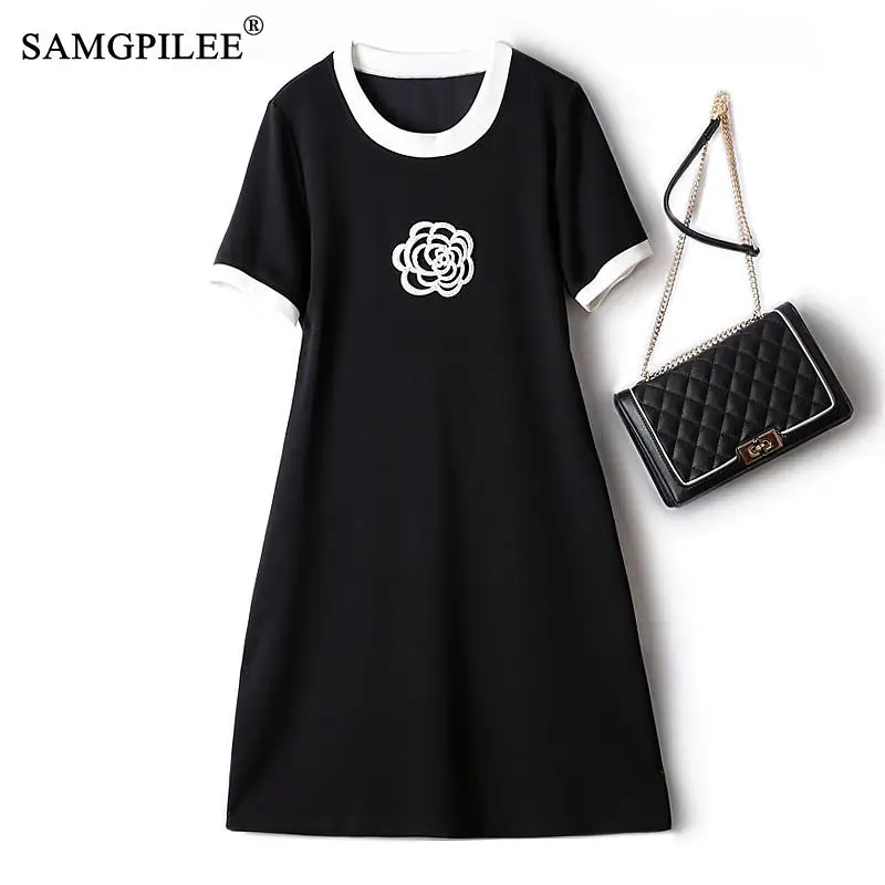 

Elegant Dresses For Women 2022 New Creative Small Flower Contrast Drape Air Cotton Mid-length Short-sleeved Female Dress 4XL