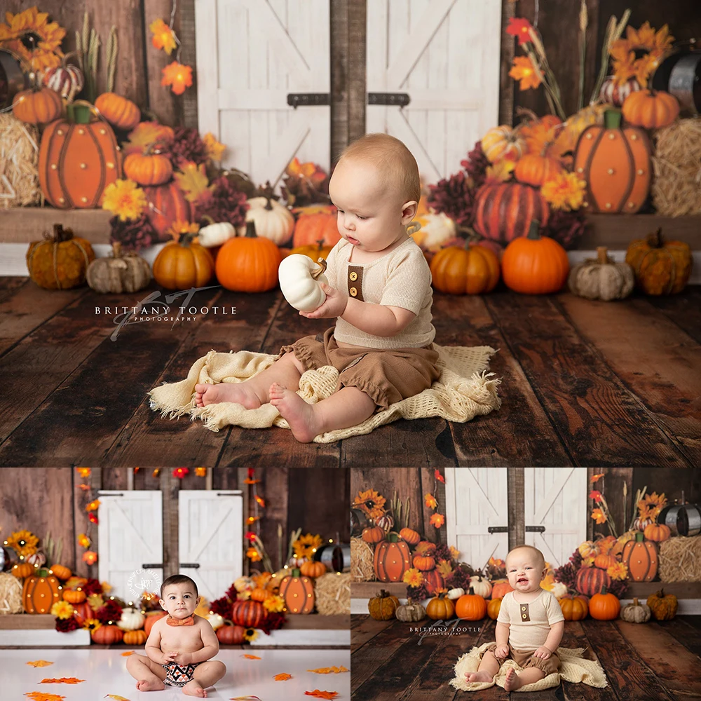 

Bountiful Autumn Harvest Photography Background Fall Thanksgiving Photo Studio Props White Wood Door Pumpkin Cake Smash Backdrop