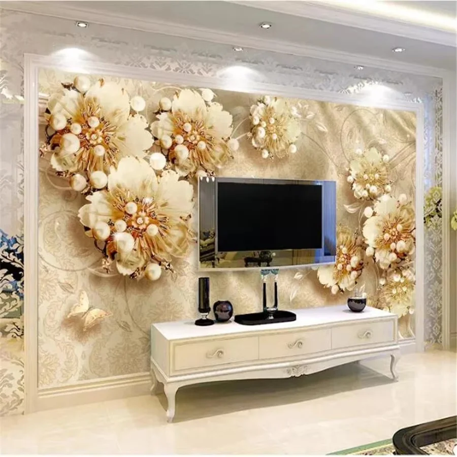 ورق حائط ثلاثي الأبعاد مخصص ورق حائط طلاء ذهبي مجوهرات زهور خلفية جميلة جدار ذهبي جميل صور خلفيات ديكور المنزل