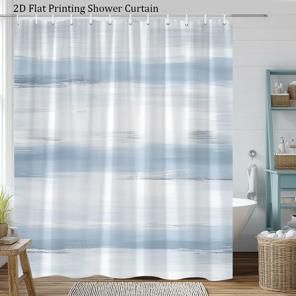 2D Flat, [2D Flat Printing]1pcs Beautiful Nautical Stripe Shower Curtain Blue and White Horizontal Stripes Bathroom Decor Bathtu