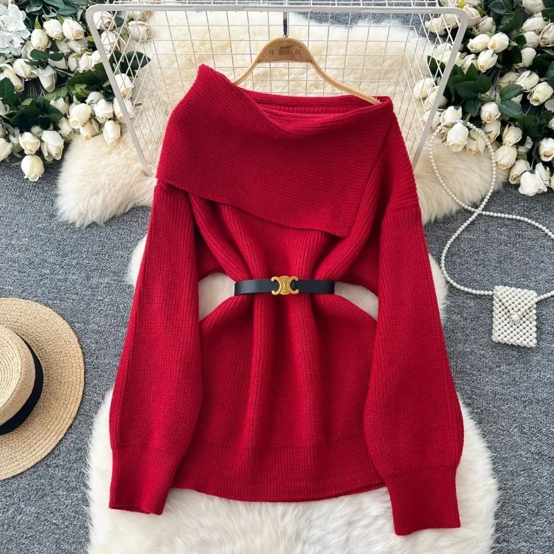 

Winter Waist Belt Versatile One-shoulder Lapel Slimming and Chic Knitted Sweater Top
