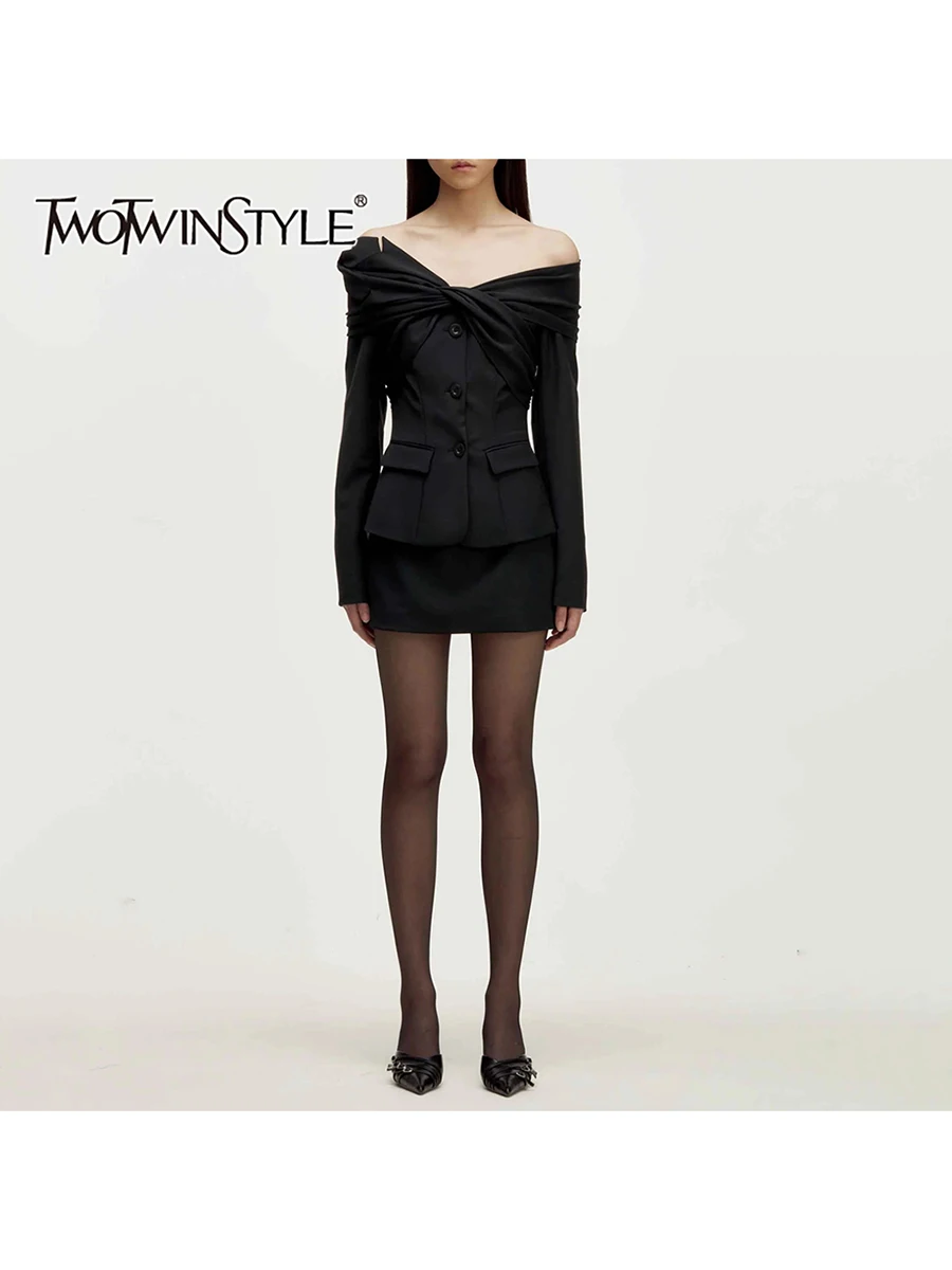 

TWOTWINSTYLE однотонные однобортные элегантные куртки для женщин с диагональным воротником и длинными рукавами, лоскутная складная куртка женская