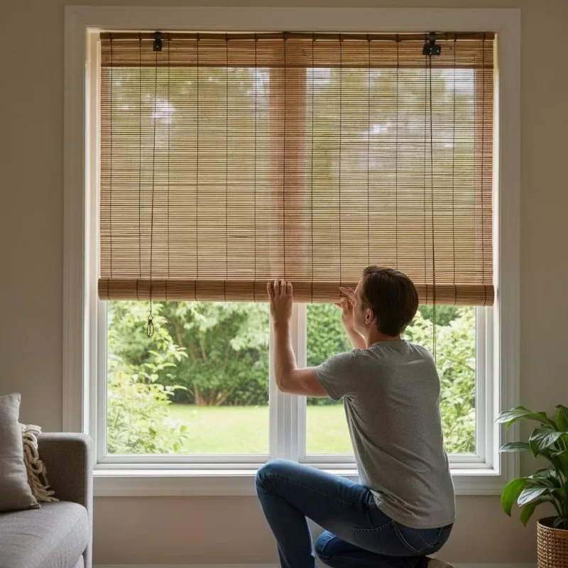 Rideau en bambou brun, rideau pour fenêtre, protection de la vue et protection solaire, décoration de fenêtre avec régulation de la lumière, design moderne, montage facile et utilisation polyvalente