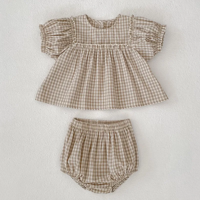 456  1-3Y Baby Outfit Set Summer Bubble Sleeve Plaid Top + Shorts Casual Daily Wear Cotton Infant Clothes Cute Outfit for Girls
