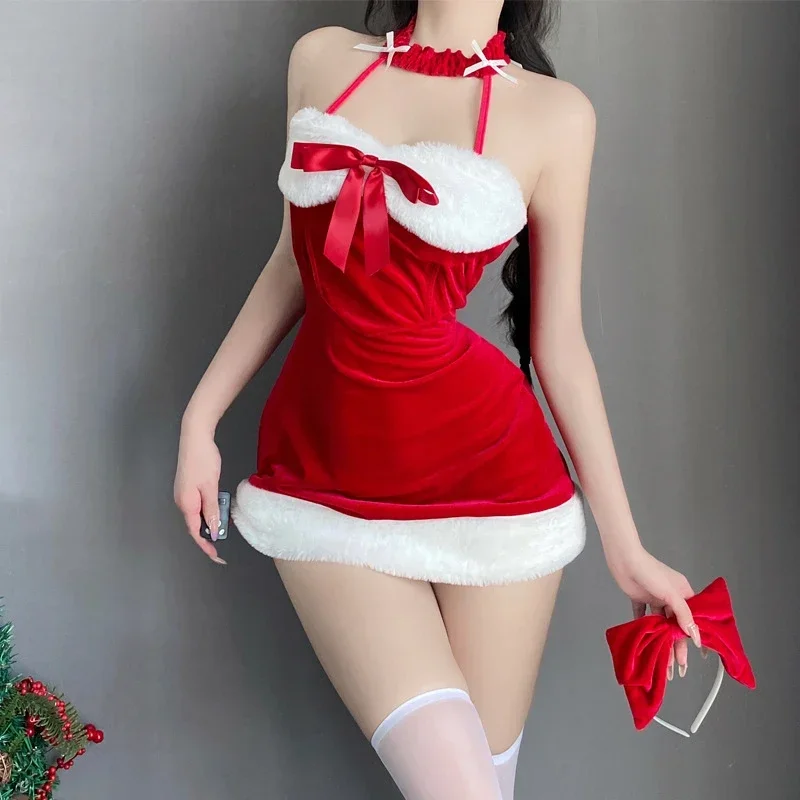 女性のための赤いベルベットのクリスマスドレス,サンタクロースの衣装,コスプレ衣装,セクシーなネグリジェ,ロールプレイランジェリー,服,ユニフォーム