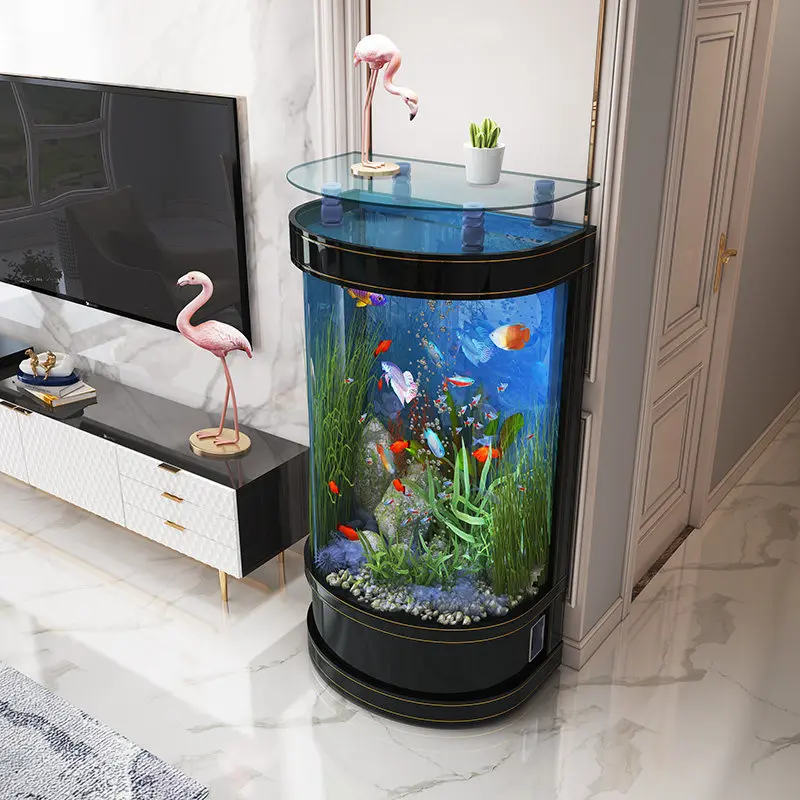 Vertical semi-circular floor-to-ceiling glass ecological aquarium next to the TV cabinet 2026 new model
