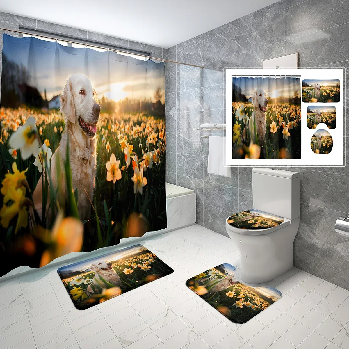

4 PCS Animals and Flowers Shower Curtain Sets,Nature Sunlight Dog Daffodils Shower Curtain,Non-Slip Bath Mat Toilet Cover Set