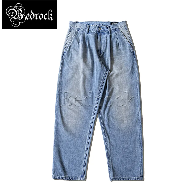 13oz One Washed Jeans Men's Loose Double Pleated Tapered Amekaki Blue Vintage Prue Cotton Denim Trousers Slash Pocket Bedrock