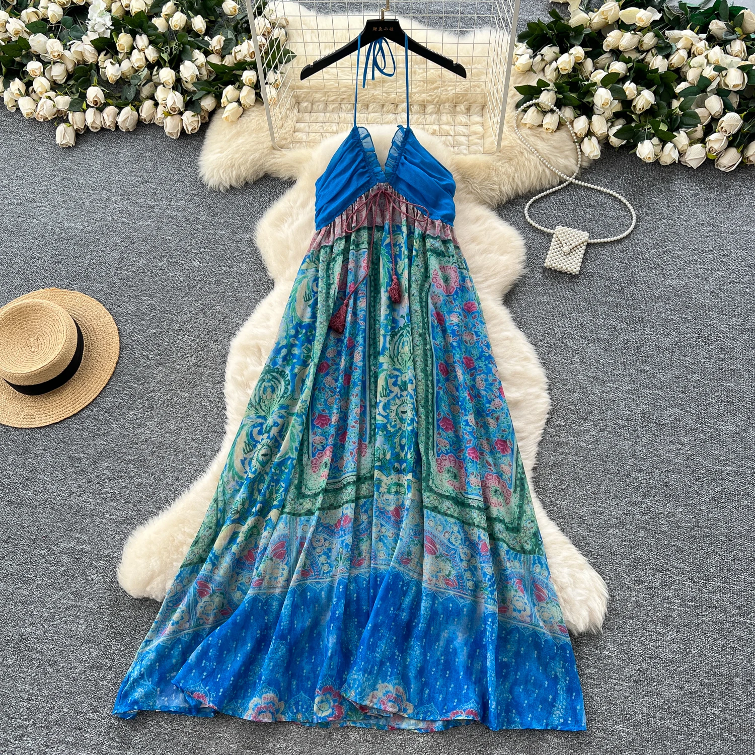 Vintage sexy halter suelto estampado A-line vestido sin mangas Chic verano playa Vestidos mujeres vacaciones