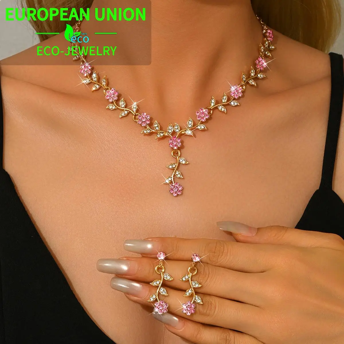 Summer Limited Edition Flower Pink Crystal Necklace Earring Jewelry Set Bridal Party and Gathering Gentle Wind Decoration