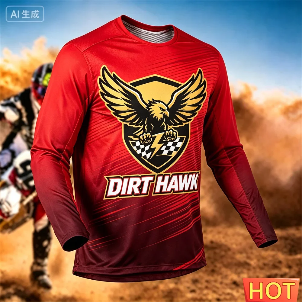 Mens Dirt Eagle Graphic Motocross Long Sleeve Jersey Green Black Gradient Quick Dry Crew Neck Off-Road Outdoor Casual Sport Tops