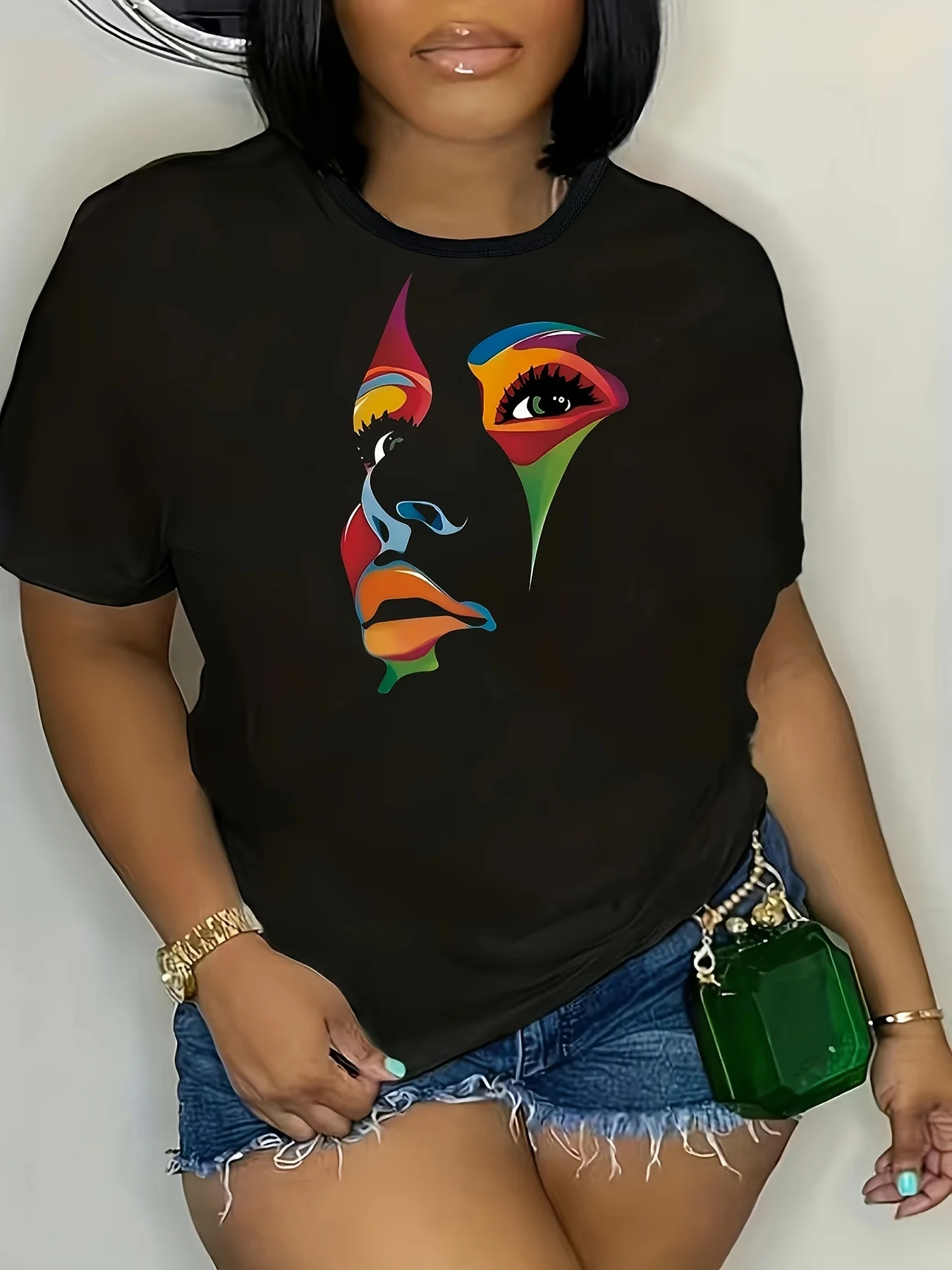

1pc Women'S Plus Size Abstract Face Print T-Shirt, Casual Round Neck Short Sleeve Top, Polyester Stretch Fabric, Spring/Summer