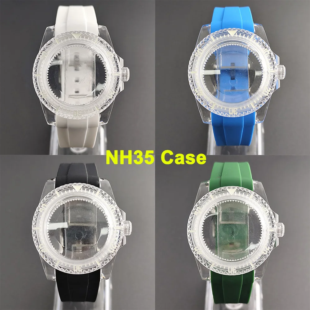Зеленый светящийся корпус SUB NH35, прозрачные акриловые часы 40 мм, модифицированный резиновый ремешок 20 мм, подходит для механизмов NH35/NH36/4R