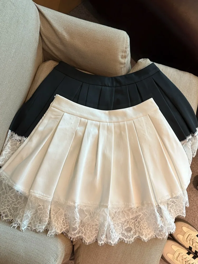 

High Waist A-Line Skirt with Lace Trim Pleated Skin-Covering Spring Summer New Style for Young Women Cleanfit Breathable