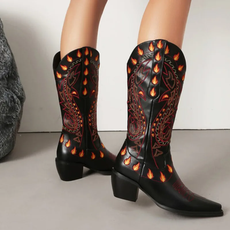Black White Western Cowboy Boots for Women Small Square Toe Embroidery Mid-Top Boats Thick Mid Heels Ladies Large Size 43