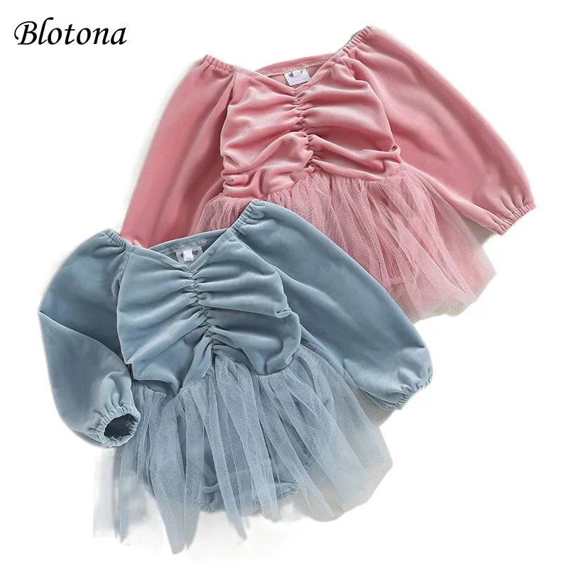 

Blotona Baby Girls Romper Dress Solid Color Velvet Mesh Long Sleeve Jumpsuits for Newborn Infant Toddler Cute Clothes 0-18Months