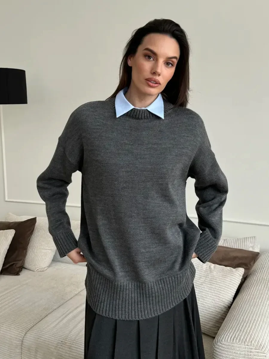 Blubelle dames herfst winter effen kleur gebreide trui met zijsplitten O-hals lange mouw losse pasvorm casual truien