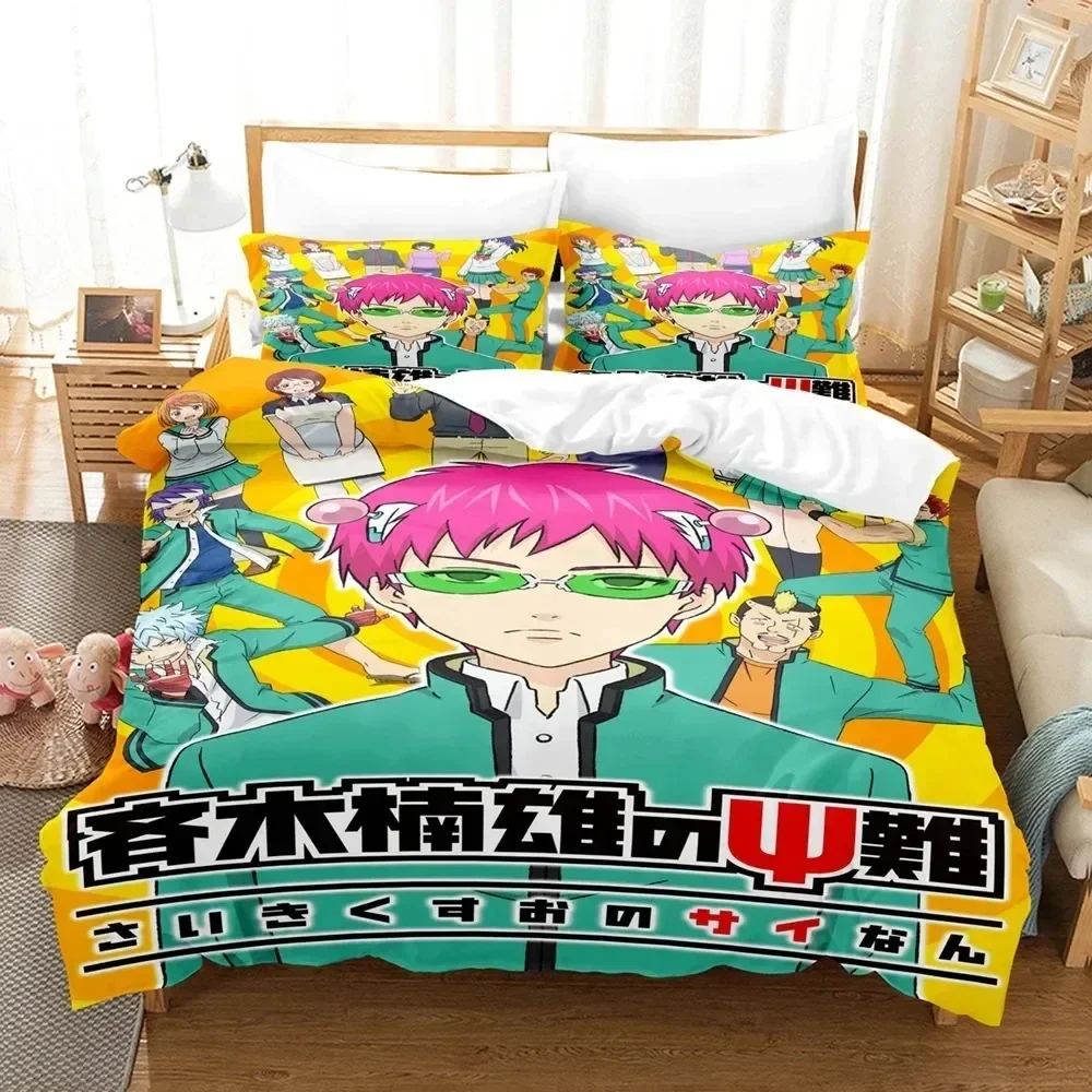 Anime The Disastrous Life of Saiki K. Printed Bed Set Duvet Cover Pillowcase Bedding Set Linen Sheet Quilt Cover Queen King Size