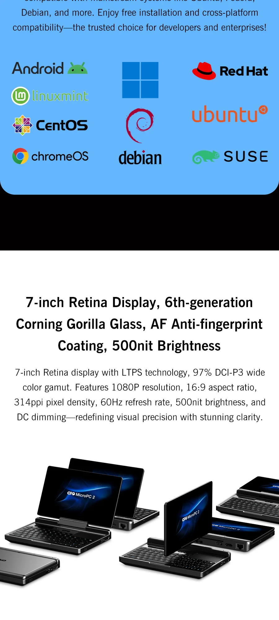New 7-inch Screen Mini Laptop GPD MicroPC 2 Intel® Core™ I3-N250 16GB/512GB Portable Laptop Computer Notebook Windows 11