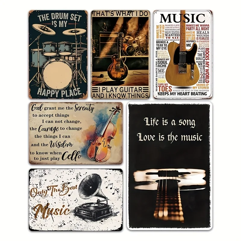 

6 шт., винтажный набор металлических жестяных вывесок с английской музыкой, ретро-подвески для декора стен с гитарой, барабанная установка, скрипка для музыкальной комнаты, R