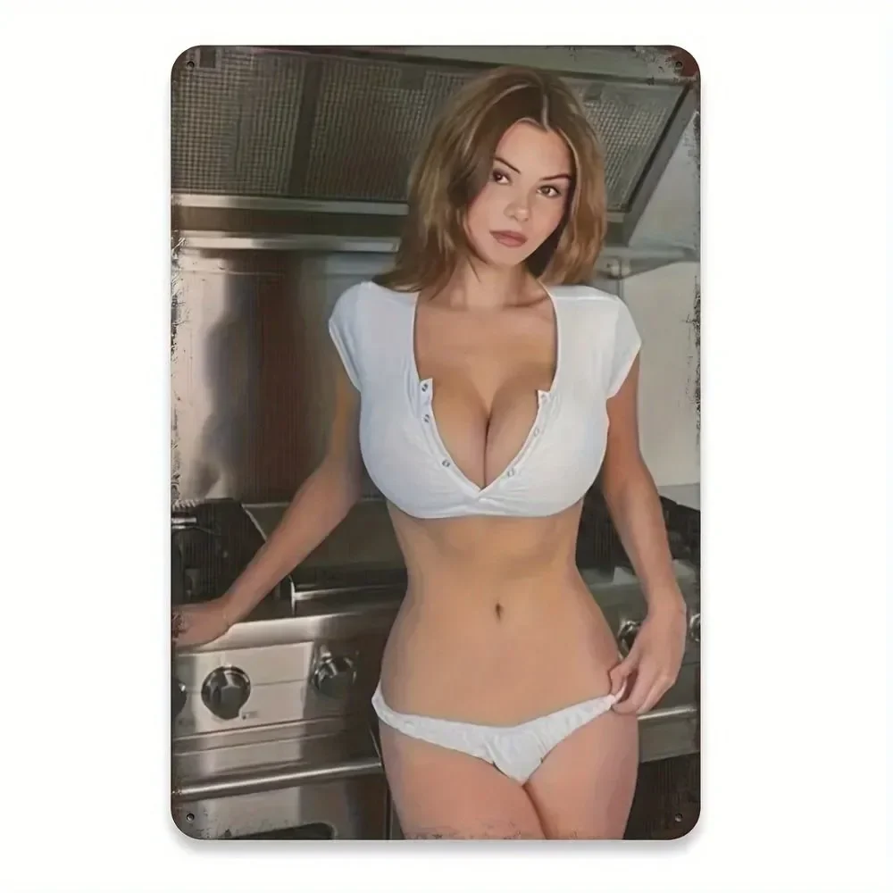 Vintage 2D Metal Tin Sign - Elegant Blonde in White Cropped Deep V Top & Matching Briefs in Kitchen Wall Decor