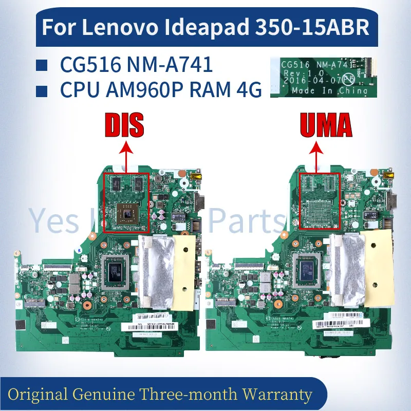 CG516 NM-A741 For Lenovo Ideapad 350-15ABR Laptop Mainboard UMA/DIS AM960P RAM 4G 5B20L71648 5B20L71657 Notebook Motherboard