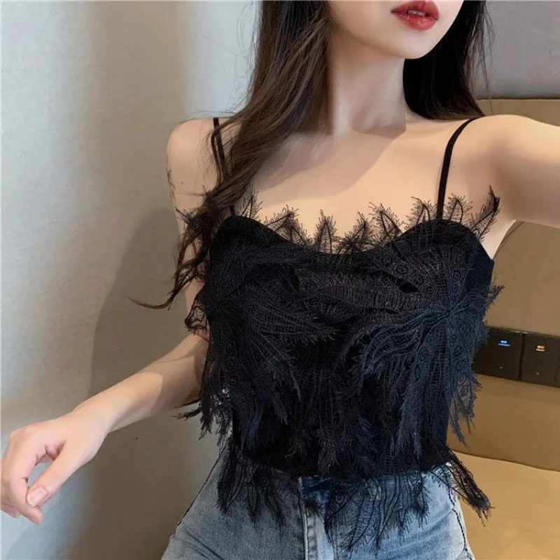 女性用フェザー付きクロップトップ、エステティックサマーキャミ、セクシーヴィンテージレディストリートウェア、インナーファッションウェア、カジュアルデイリートップス、y2k,2023