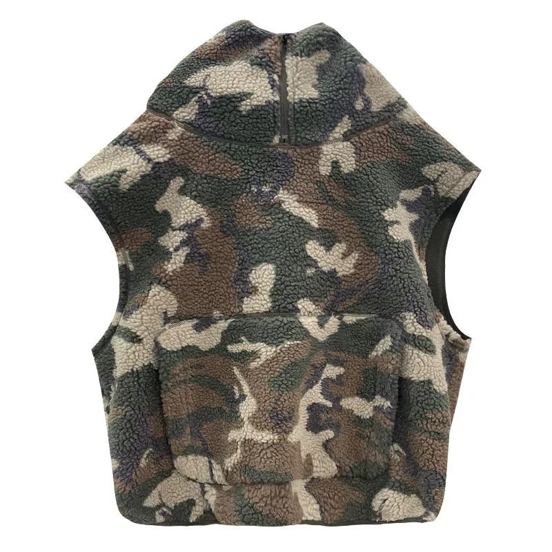 

European Style Camouflage Hooded Lamb Fur Vest Women's Spring Autumn Loose Warm Particle Fleece Outerwear
