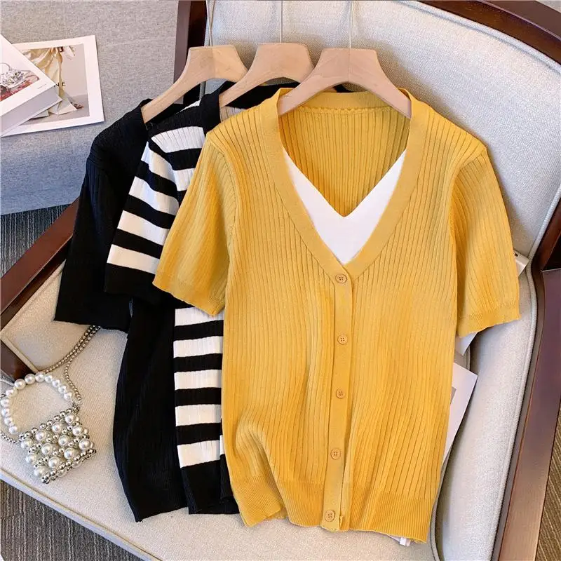 Summer New Women Sweater shirt collar Splicing fake two-piece suit Simple Knitted pullove short sleeve Female Casual Loose