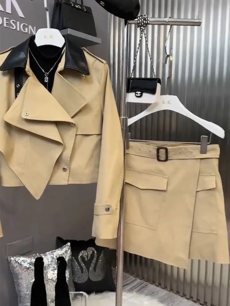 Autumn new women's clothing light luxury high-end fashion khaki windbreaker jacket short skirt  two piece sets womens outifits