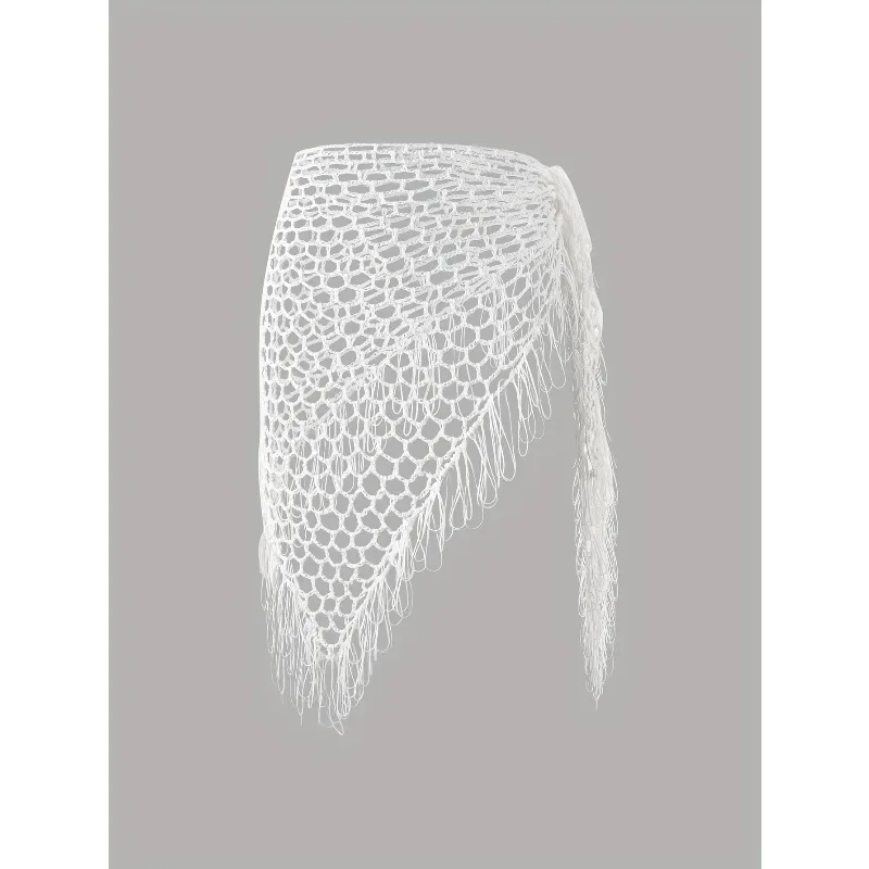 

Beach fishing net knot skirt, apron, summer hollow fringed skirt, white beach bikini smockA