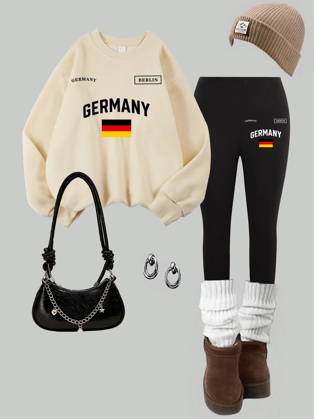 2 ピース女性ドイツベルリンプリントスウェットシャツレギンスセット冬フリースサーマルパーカーパンツベーシックレディースジョギング服