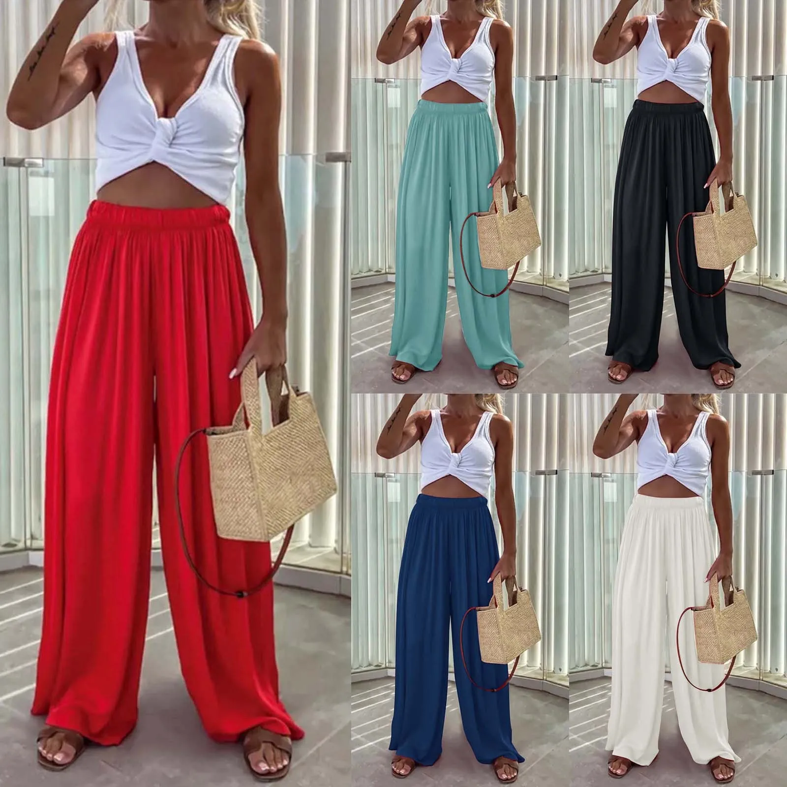 Autumn Simple Commute Pleated Trousers Women Elastic Waist High Street Loose Wide Leg Pant Fashion Casual Solid Color Long Pants