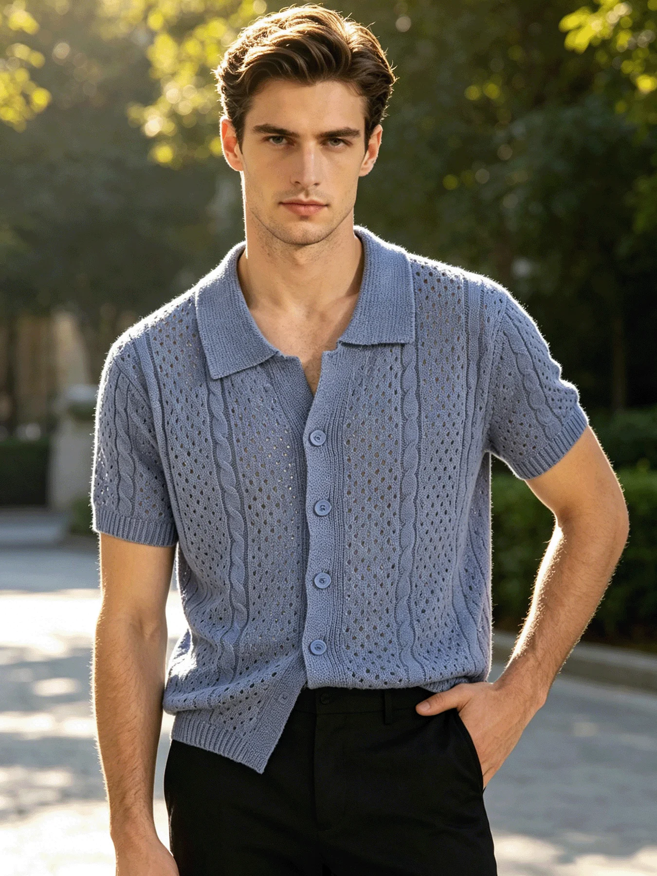 Summer Men Breathable Hollow Knit Polo Shirts Short Sleeve Lapel Button Up Cable Knit Cardigan See Through Thin Knitted Top Male