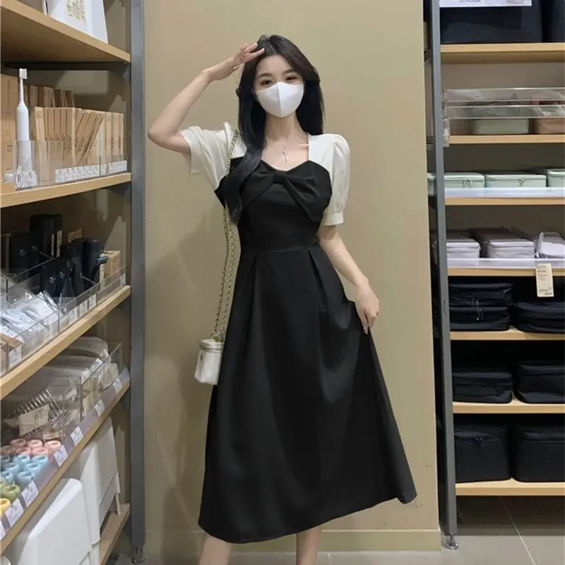 Dresses Women Bow Short Sleeve Fake Two Pieces Midi French Style Elegant Classic Simple Ins Temperament Stylish Summer Prevalent