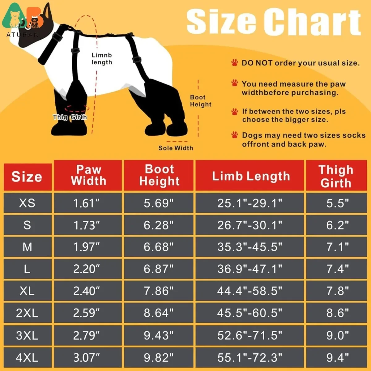 ATUBAN Dog Suspender Boots Tall Dog Boots Anti-Slip&Fall Waterproof Dog Shoes Leggings Winter Snow Rain Hiking Paws Protector