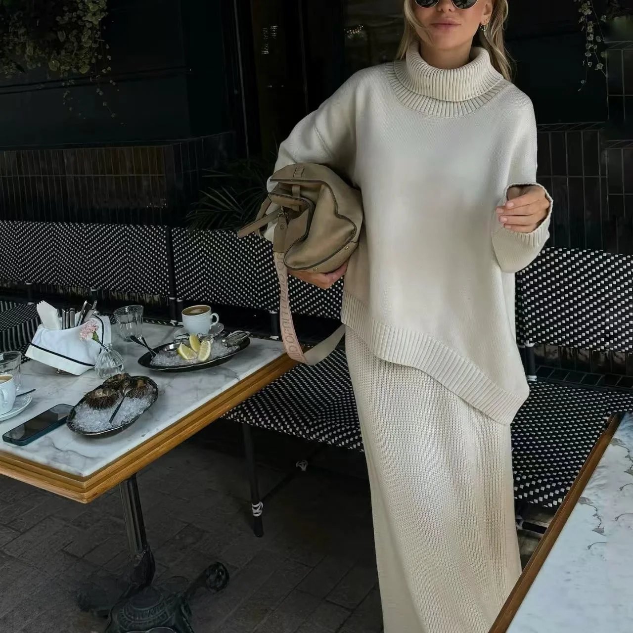 

Loose High Collar Knitted Sweater And Skirt Set Women's Faion Two-Piece Outfit Long Sve Crew Ne Sweater with f Skirt