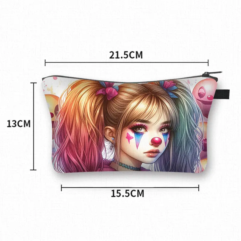 Watercolor Clown Girl and Boy Pattern Cosmetic Bag Gothic Clown Women Jewelry Holder Makeup Bag Lipstick Organizer Zipper Pouch