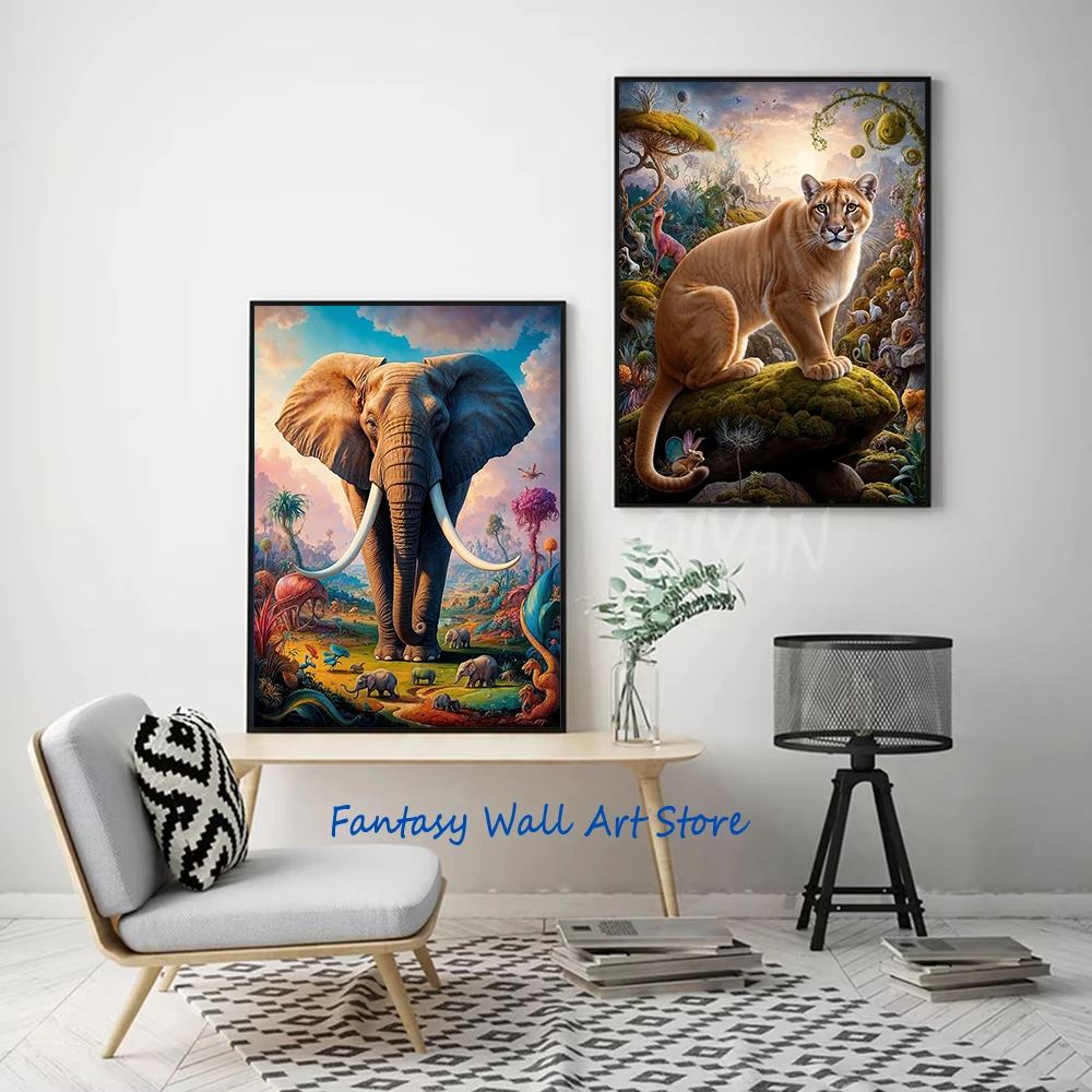 Surreal Safari Wild Animals Poster Spirit Animal Aesthetic Wall Decor Surreal World Lion Elephant Tiger Rabbit Fox Canvas Prints