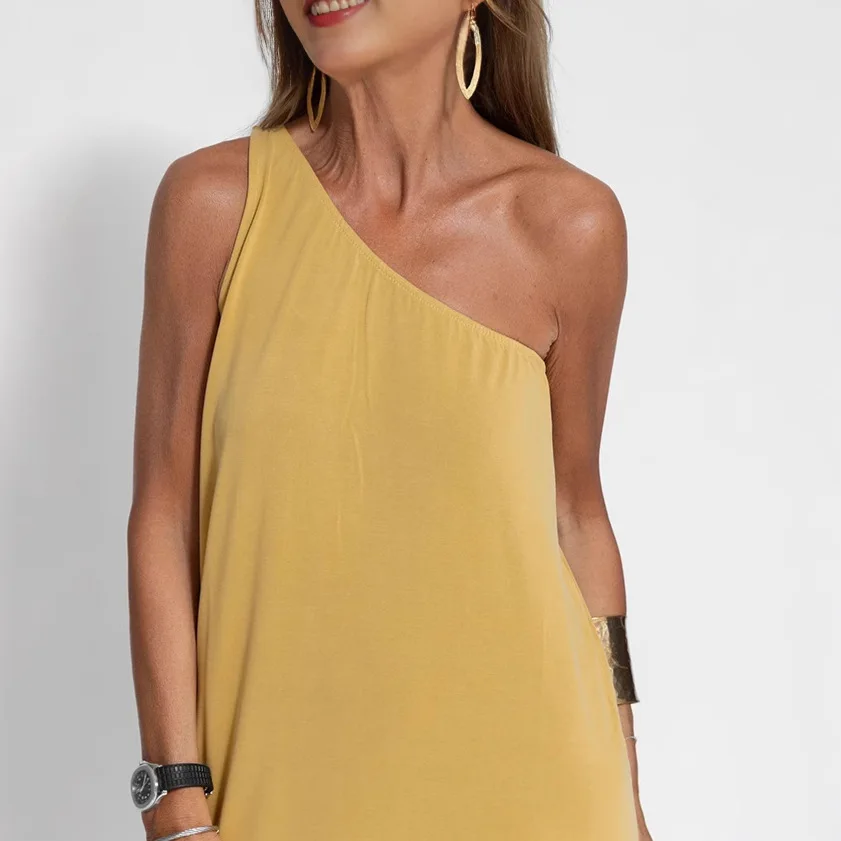 

Summer New One Shoulder Split Solid Color Fashion Tank Top Dress Women