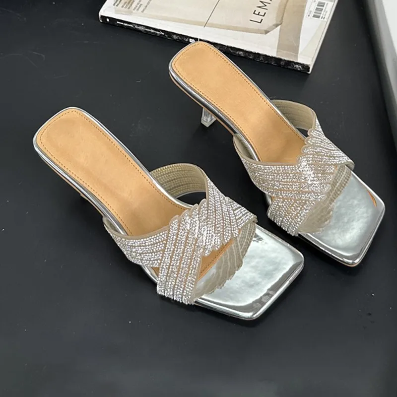 Mid Heel Thin Heels Modern Slippers Summer Outside 2024 High Quality Shoes Female Bling Solid Sexy Women\'s Slippers Chinelos