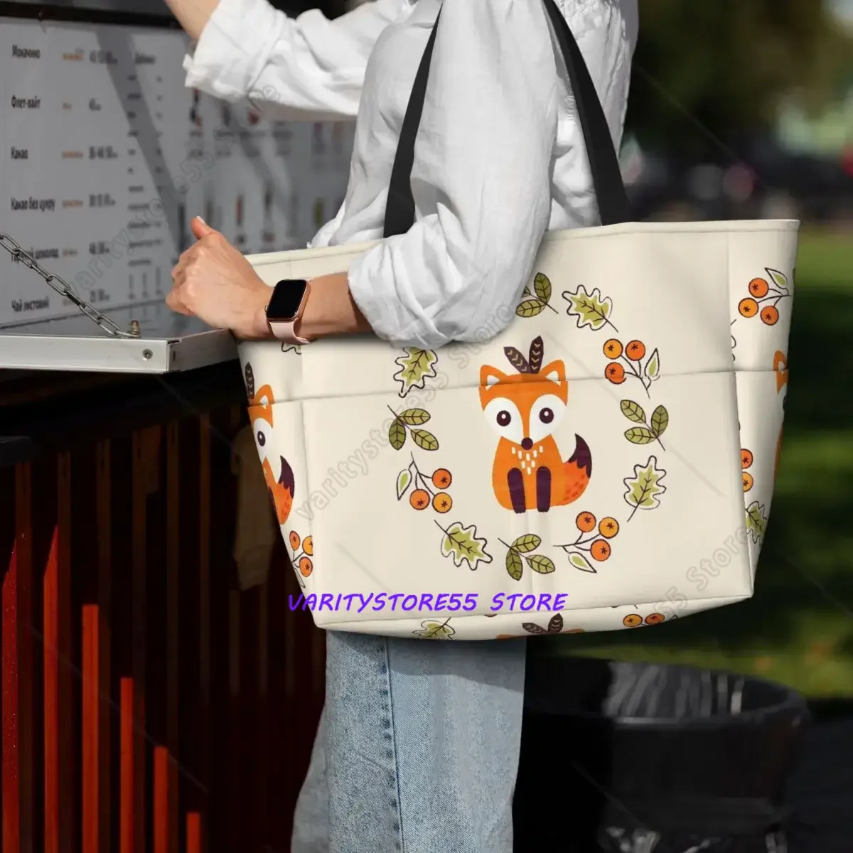 Little Fox With Autumn Berries Beach Tote Bag Sport Gym Yoga Duffle Large Tote Bag Women Travel Fitness