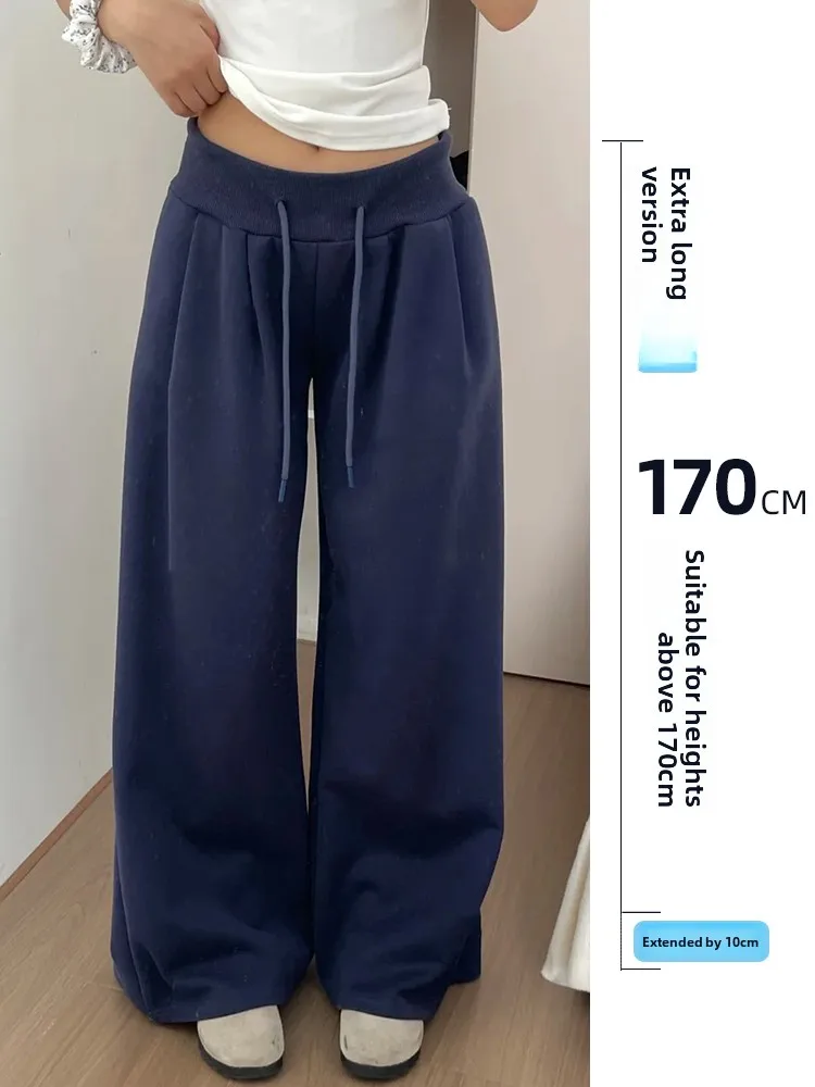 

Женские свободные широкие брюки-джоггеры для ранней осени, скрывающие недостатки фигуры, повседневные, в американском стиле, с завязками, длинные, синие