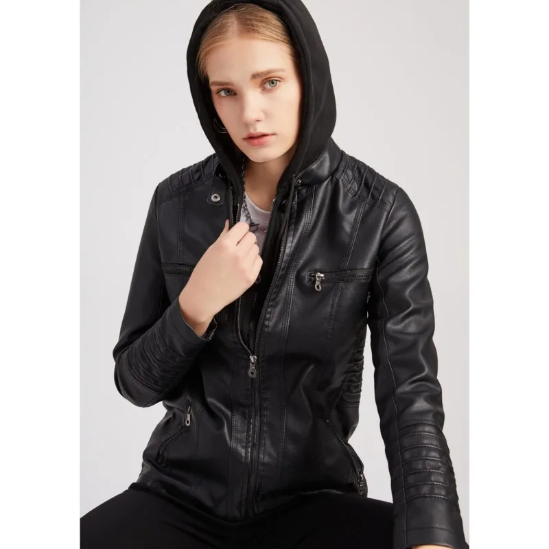 Women's Hooded Drawstring Detachable Hat Leather Jacket Spring Autumn Fashion Casual Zipper Long Sleeve Pocket Slim Street Coats 3
